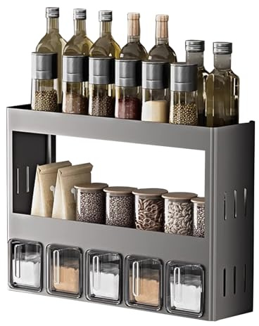 TECKZOON Estantería de cocina de 3 capas, organizador de pared para especias, de pie y pared, sin taladrar, de acero inoxidable, con 5 botes de especias, más espacio de almacenamiento, organizador de