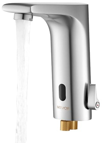 VEVOR Mitigeur Automatique sans Contact, Robinet à Capteur de Lavabo, Mélangeur d’Eau Chaude et Froide Réglable Mains Libres, Poignée Unique, pour Tuyau de 9,5 mm, Cuisine Salle de Bain, Argent