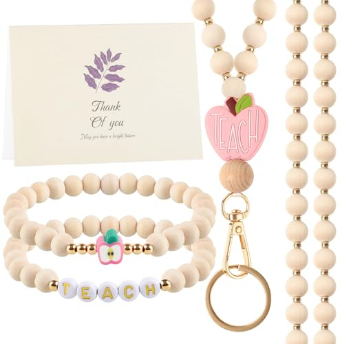BESARME Teacher Appreciation Gifts, Teacher Gifts Teachers Bracelet with Wooden Beaded Teacher Lanyard Thank You Cards for Women