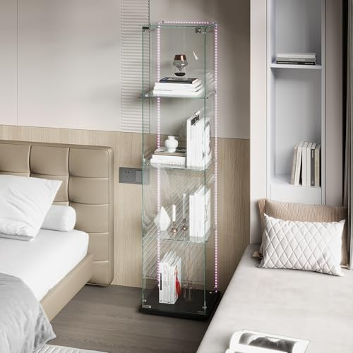 SUNFECILI Glasvitrinskåp med 4 hyllor, stående vitrinskåp med lås och ljuslist, samlarvitrinskåp med 1 dörrar, monter transparent möbelmonter (svart, LED + enkeldörr)