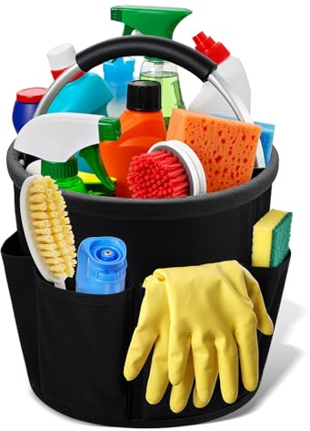 Organizador portátil para productos de limpieza, plegable con asa, bolsa de limpieza portátil, con 6 bolsillos, organizador universal de limpieza, para dispositivos, utensilios de limpieza (negro)