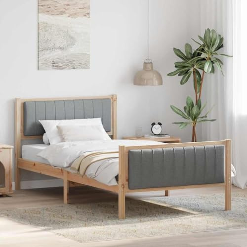 QJBSAVVA Modernes Bettgestell 100x200 cm aus Massivholz Kiefer Braun Hellgrau 209 5x105 5x85 5 cm Plattformbett ohne Boxspring Schlafzimmer Doppelbett für Jugendzimmer Gästezimmer
