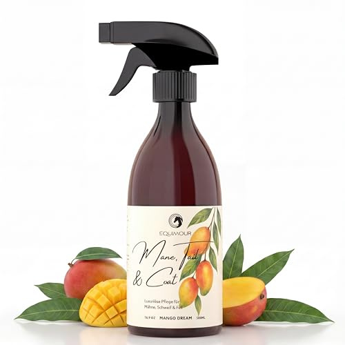Spray per criniera e coda per cavalli – Spray lucido per la cura del pelo con profumo di mango, facilita la pettinatura e la disinfeltrimento, dona lucentezza setosa, formula antipolvere – 500 ml