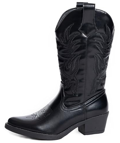 URBAN ROSA Stivali Texani Donna Cowboy Western con Punta Ricami e Tacco Largo Stivaletti Chic 957 (NERO, 37 EU, Adulto, 37, Numero, Sistema Taglie Calzature EU, Media)
