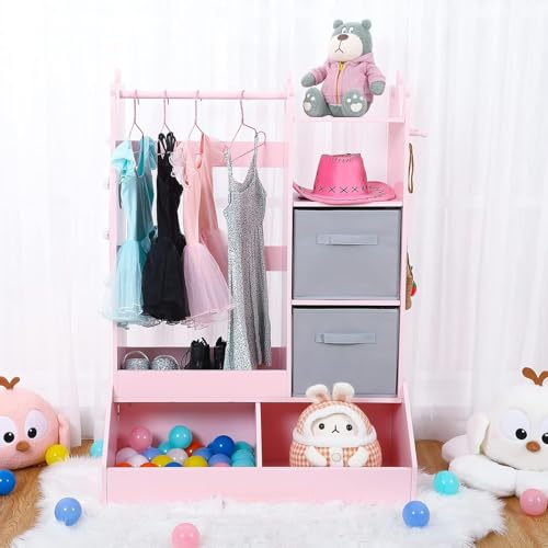 Garvee Armoire Enfant avec Portant Vêtements, Meuble Rangement Enfant avec Miroir et Lampes, Penderie Ouverte avec Étagères et Tiroir pour Vêtements Chaussures Jouets