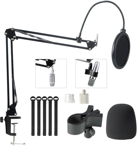 EVERGOODS Microphone Boom Arm Stand Adjustable Microphone Arm Stand Pop | with 3/8 to 5/8 1/4 Screw, Filter Mic Clip Cable Ties 29 Reach, 180° Rotation for Blue Yeti, Snowball, Podcasting