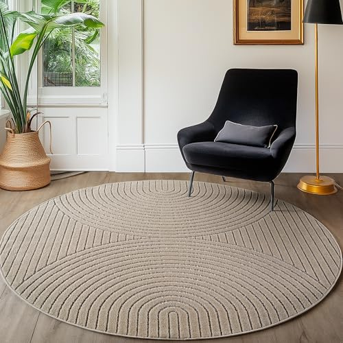 SIMPEX Kurzflor Teppich Rund 120 cm Beige, 3D Hoch Tief Effekt, Skandinavisch Boho Motiv, Balkon Terrasse Teppich, Indoor Outdoor Pflegeleicht