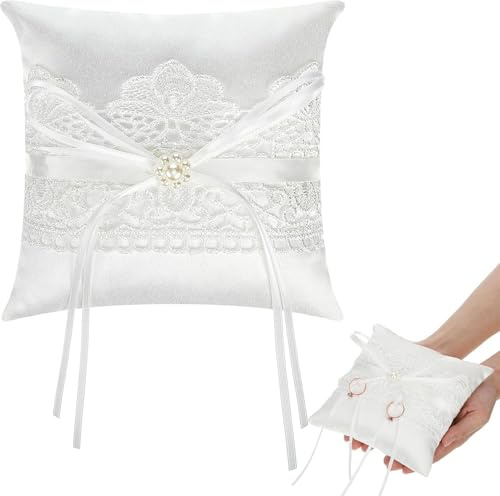 YEAMLTE Ringkissen Hochzeit 15x15 cm Weiß Spitze – Trauringkissen für Standesamt, Ehering Kissen mit Band, Hochzeitsdeko Accessoires für Trauung und freie Hochzeit (1 Stück)