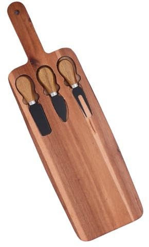 FUOYLOO Set Tagliere per Formaggi in Legno con Manico, Coltelli e Forchette, Vassoio da Portata per Salumi, Pizza e Frutta, per Feste e Picnic, Utensili Cucina Multifunzionali