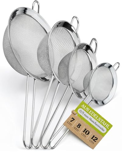 4er-Set Feines Sieb Küche (7, 8, 10, 12 cm) | Küchensieb Edelstahl Feinmaschig 0,71 mm Maschenweite | Kleines Sieb Edelstahl Stapelbar Platzsparend | Küchensieb Fein Set für Mehl Tee Quinoa
