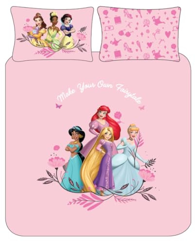 Disney Princess Double Duvet Cover Set – Pink Reversible Girls Bedding | Soft Cotton Blend Quilt Cover with Pillowcases | Official Kids Bed Set UK