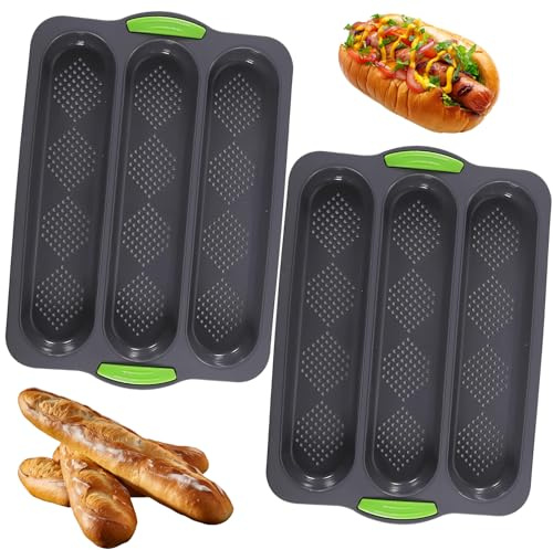 2 PCS Baguette Baking Tray, French Bread Loaf Pans, Silicone Baking Trays for Oven, Non-Stick Bread Roll Tins for Baking, 250g Capacity Per Loaf, Deep Grey Colour, Three-Groove Design