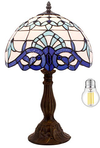 WERFACTORY Tiffany Table Lamp Navy Blue Baroque Stained Glass Style Desk Bedside Reading Light 12X12X18 Inches Decor Bedroom Living Room Home Office S003B Series