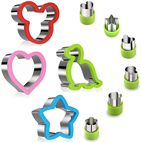 Set di formine per sandwich in acciaio inossidabile per bambini, 4 formine per pane Topolino, dinosauro, stella, a forma di cuore e 6 pezzi taglierina per frutta e verdura taglierina per crostate