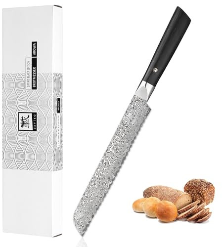 zayiko Black Edition Damast Brotmesser I 20 cm Wellenschliff-Klinge aus 67 Lagen Damaststahl I Ergonomischer Pakkaholzgriff I Profi Küchenmesser für Brot, Krusten & Backwaren I In edler Geschenkbox
