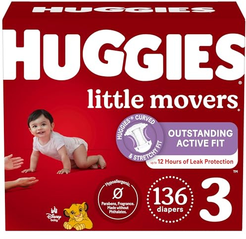 Huggies Size 3 Diapers, Little Movers Baby Diapers, Size 3 (16-28 lbs), 136 Count, Packaging May Vary