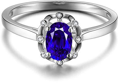Bishilin Ring Weißgold 750 Diamant, Solitär Ring 4-Steg-Krappenfassung mit 0.5ct Oval Saphir Damen Ringe Weißgold Verlobungsring Diamant Echt Gr.54 (17.2)