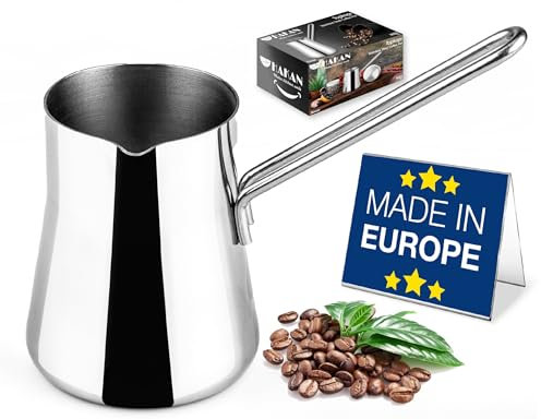 Hakan Turkish Coffee Pot, Greek Arabic Coffee Cezve, Stainless Steel Stove Top Milk Warmer, Chocolate Melting Pot with Spout, Chai Pot, Ibrik, Briki | Large - 20.2 oz. (600 cc)