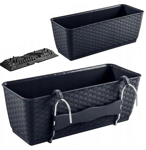 R.G. Blumenkasten Geländerkasten Balkonkasten mit Aufhänfung Hängetopf Blumentopf Rattan Optik Ratolla Halterungen Untersetzer mit Bewässerung Anthrazit (39cm)