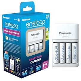 eneloop SmartPlus Ladegerät, für 1-4 AA/AAA NI-MH Akkus, 1.5 Stunden Ladezeit, 10 Sicherheitsfunktionen, inkl. 4 eneloop AA Akkus (2000 mAh)
