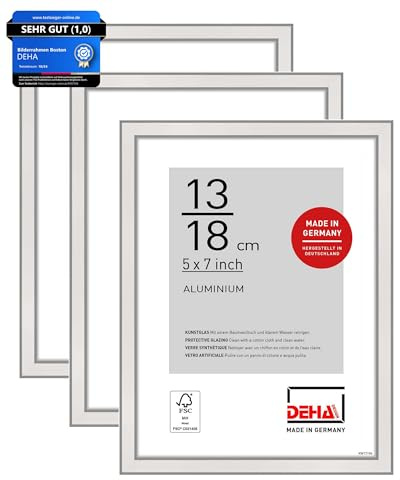 DEHA Design cadre photo, 13 x 18 cm (set de 3), aluminium, Argent brillant, cadre photopour poserau format paysage et portrait, verre synthétique, Boston