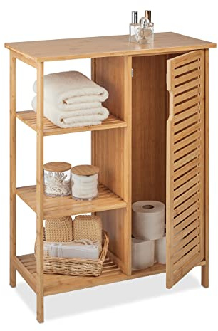 Relaxdays Badrumsskåp bambu, 3 öppna hyllor och skåpfack, HBT: 87,5 x 67 x 33 cm, stående badrumshylla med dörr, natur