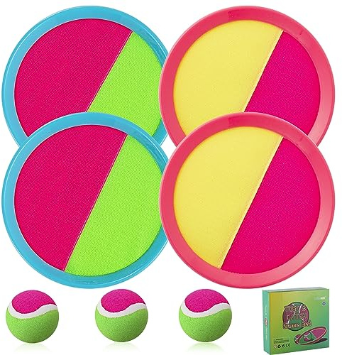 Bufeeaye Beach Games, Outdoor Toys for Kids Ages 4-8, Toss and Catch Ball Set, with 4 Paddles 3 Balls, and 1 Storage Bag, Beach Toys Easter Gifts for Kids