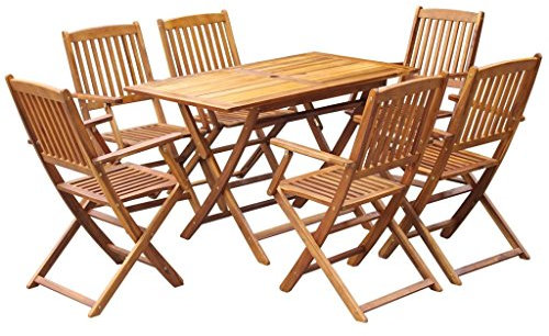 Gecheer 7-TLG. Garten Essgruppe 6 Personen Gartenmöbel Set Klappbar Gartentisch mit Stühlen Garten Essgruppe Akazienholz Rustic