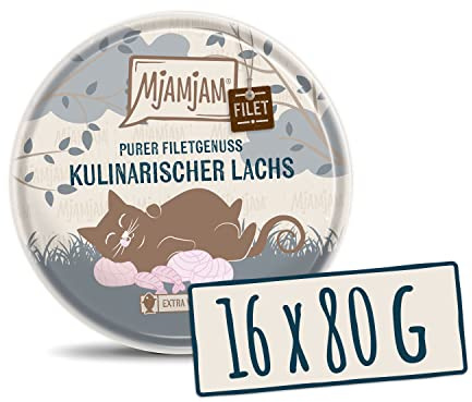 MjAMjAM - Premium Nassfutter für Katzen - zartes Filet vom Lachs 80g, 16er Pack (16 x 80 g), naturbelassen mit extra viel Fleisch