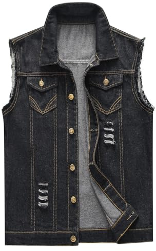 KUDORO Gilet homme Denim Déchiré Veste Gilet sans Manches en Jeans Vintage Gilet Denim Veste à la Mode Motard(Noir,XXL)