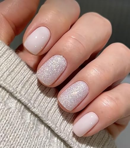 MouYouGlow Press on Nails Kurz Short,Square Hochzeit Light Pink Glitter Fake Nails Full Cover Kunstnägel mit Nagelkleber,Eckig Wedding Bling Rosa Acryl Künstliche Fingernägel