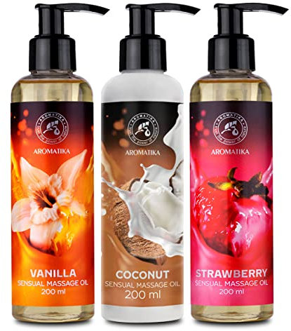 Sinnliches Massageöl Vanille - Kokos - Erdbeere - 3x200ml - Körper Massage Öl mit Mandelöl und Traubenkernöl - Kokosöl - Essbar und Natürlich - Massage Öl - Entspannung Massageöl