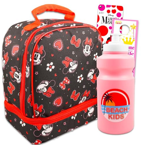 Disney Bolsa de almuerzo de Minnie Mouse para ni as, paquete de almuerzo para ni os con caja de almuerzo Minnie con 2 compartimentos, botella de agua, calcoman as, m s | Bolsa de almuerzo Minnie Mouse