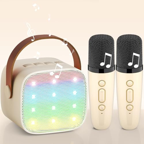 Karaoke Maschine mit 2 Drahtlosen Mikrofonen, Wowstar Tragbares Bluetooth Karaoke Maschine für Kinder Erwachsene mit Stimme wechselnde Effekte & LED-Lichter Jungen Mädchen Geschenke Heimparty(Beige)