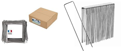 Flandria Lot de 100 Agrafes de paillage Ø3,7mm biseautées Acier cranté 20x20x20cm & 50 Agrafes Fixation Acier galvanisé H17cm L3.5cm 3mm - Piquet pour Fixer Tuyau, bâche, Filet, Toile Jardin