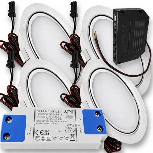 Rolux 4er Set LED Möbeleinbauleuchte Emma 12V 3W Warmweiß 3000K | Ultra flach Ø65mm Einbaustrahler | 180lm | inkl. LED Trafo & Mini-Verteiler | Für Möbel, Küche, Schrank | Einfache Montage, IP20
