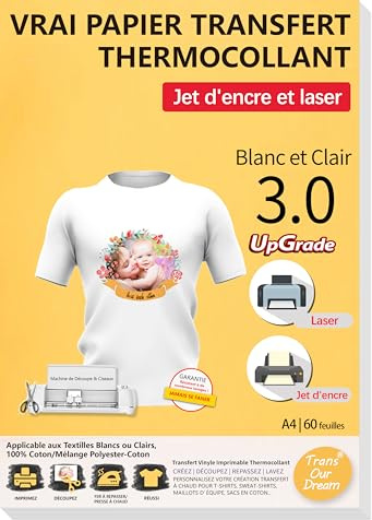 TransOurDream 60 Feuilles*A4 Papier Transfert pour Textile blanc&clair 3.0 | Compatible Imprimantes Jet d'Encre & Laser, Papier Transfert pour T-Shirt ou Textile Blanc et Clair, Non Impression Miroir