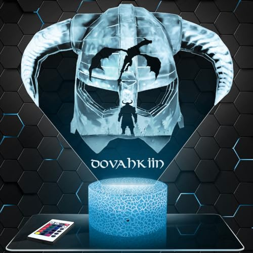 Lampephoto.fr - Lampe Dovahkiin The Elder Scrolls S 3D Nachtlicht | Made in France, Sockel wählbar, dimmbar, Batterie/USB, HD-Lasergravur, Geschenk für Gamer & Geeks