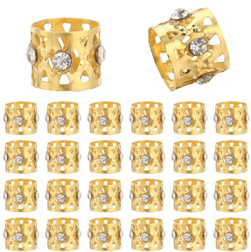 SUNNYCLUE 1 Box 50 Stück Goldene Dreadlock Perlen Haar Zopfringe Clips Haarmanschetten Dreadlocks Haarperlen Zöpfe Ringe Spiralspulen Strass Zöpfe Ringe Manschetten Für Frauen Dreadlock Zubehör Haarde