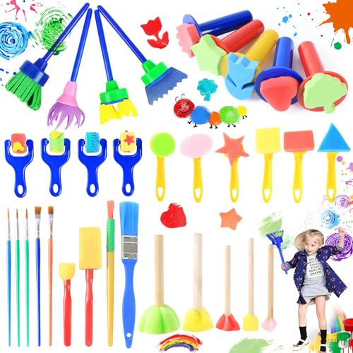 Oneroomone 33 Stücke Bunte DIY Kinder Schwamm Pinsel mit Verschiedenen Formen, Eva Schwamm Pinsel Geeignet für Kinder Im Alter von 2 bis 9 Jahren
