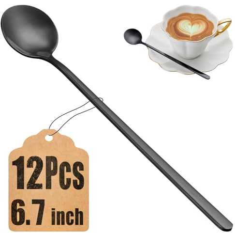 Juego de 12 cucharas de café, cucharas de té negras de 6.7 pulgadas de mango largo, cucharas agitadoras, cucharaditas pequeñas negras, cucharas negras de acero inoxidable de grado alimenticio,