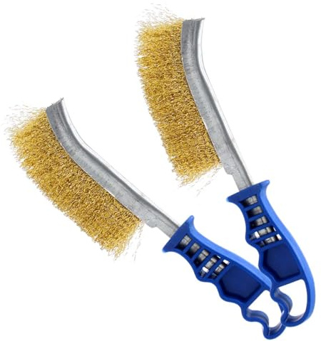 PaWuKi Wire Brushes for Cleaning Rust, Heavy Duty Brass Tool 11 Long With Plastic Handle, for Automotive, Grill, Paint, Welding Slag & Household, Blue 2 Pack