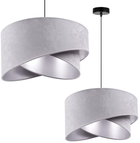 Light-Home Milan Elegant Hängelampe - Modern Deckenlampe für Wohnzimmer Schlafzimmer und Esszimmer - Designer Pendelleuchte aus Metall mit Lampenschirm aus Velours - Hellgrau und Silber