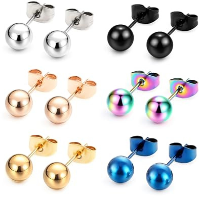 Hinvan Örhängen för kvinnor och män, 6 par, små, damörhängen i rostfritt stål, svarta herrörhängen, rosguldpläterade örhängen 6 mm, 6MM, Rostfritt stål, Ingen ädelsten