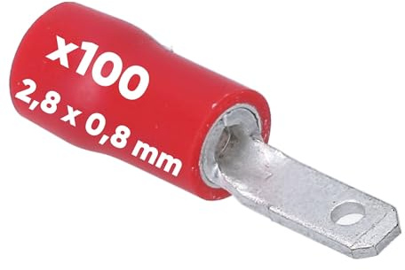 Kalitec 100x Flachstecker Rot 2,8x0,8mm Kabelverbinder 0,5-1,5mm² | Teilisolierte Steckverbinder aus Messing mit PVC Kragen für Kfz und Industrie, AWG 20-16, Kabelschuhe Set