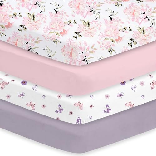 Little Grape Land Crib Sheets Girl 4 Pack, Baby Crib Sheets for Standard Crib & Toddler Mattress, Super Soft Breathable Crib Sheet Set for Girls (Floral & Butterfly)