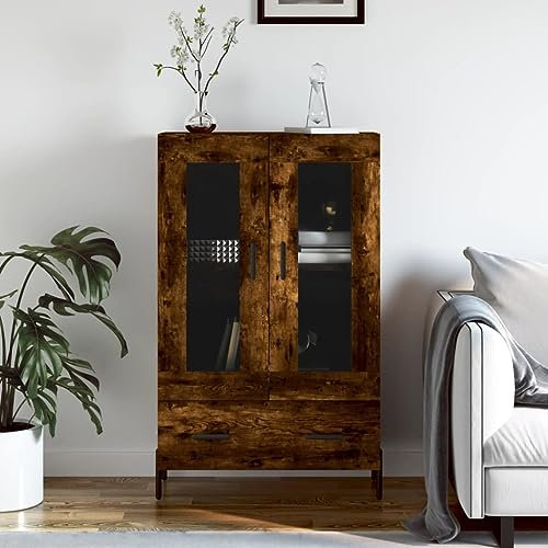 Homvdxl Hochschrank Küchenschrank Anrichte Speisekammer Schrank mit 2 Glastüren, Ablagen und Schublade 69x31x115cm - Minimalistisch - Räuchereiche