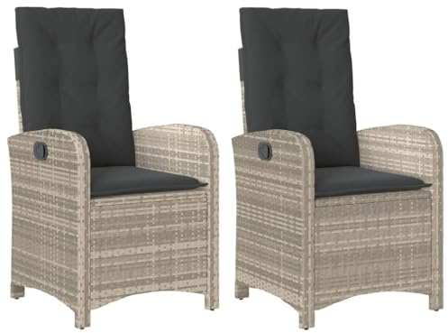 KOIECETA Gartensessel mit Kissen 2 STK. Gartenstuhl mit Verstellbarer Rückenlehne Liegestuhl mit Stahlrahmen Sessel Stuhl Relaxsessel Poly Rattan Hellgrau