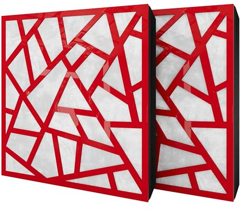 2er-Pack – Akustikpaneel mit Samtstoff und Befestigungsset | 50x50x5cm | Schallabsorption-Diffusion-Reflexion-Schalldämmung | Akustikbehandlung für zu Hause [SKYROSS - Roter Kunststoff | Weiß]