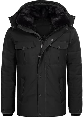 Tuopuda Abrigo Parka Térmico Hombre con Capucha Desmontable Chaqueta de Invierno para Hombre Parka Cortaviento con Cremallera(Negro,L)